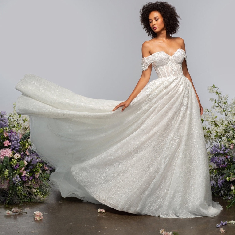Monet by Hayley Paige off the shoulder lace glitter ballgown